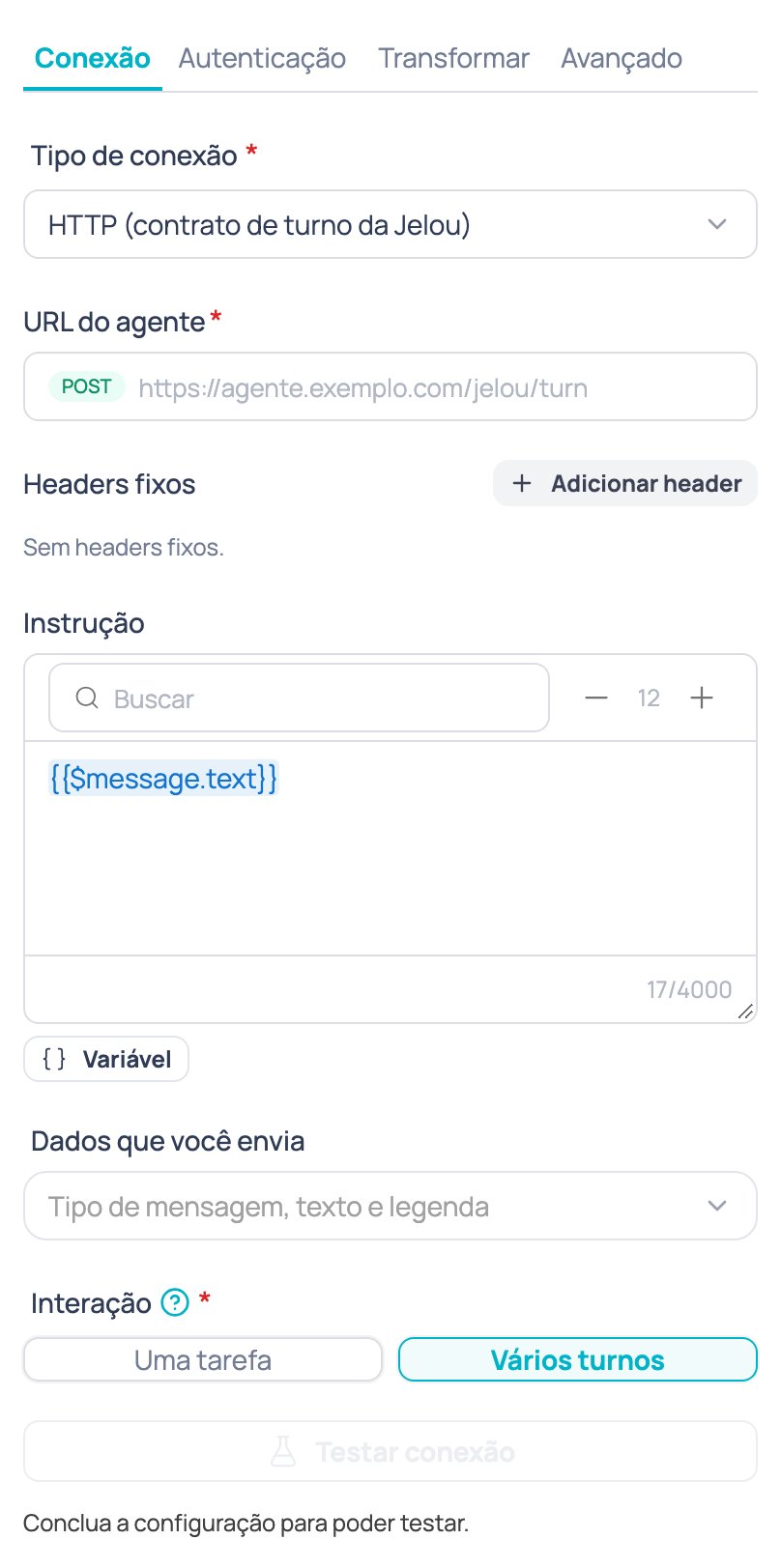 Configuração do nó Agente de IA externo com a interação Vários turnos selecionada