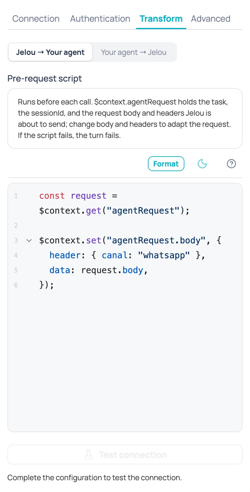 Transform tab of the External AI agent node with the Jelou → Your agent and Your agent → Jelou sub-tabs and the pre-request script editor