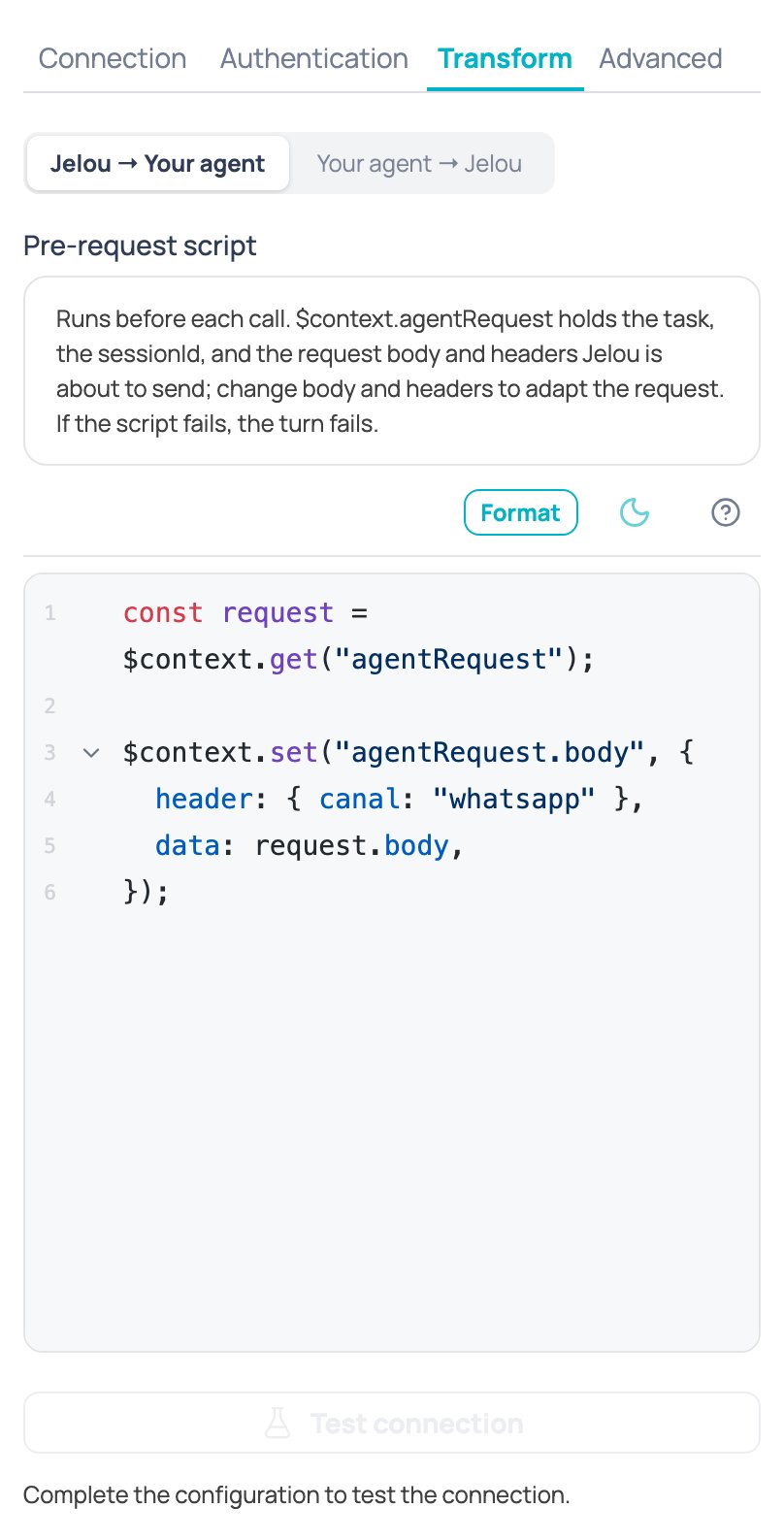 Transform tab of the External AI agent node with the Jelou → Your agent and Your agent → Jelou sub-tabs and the pre-request script editor