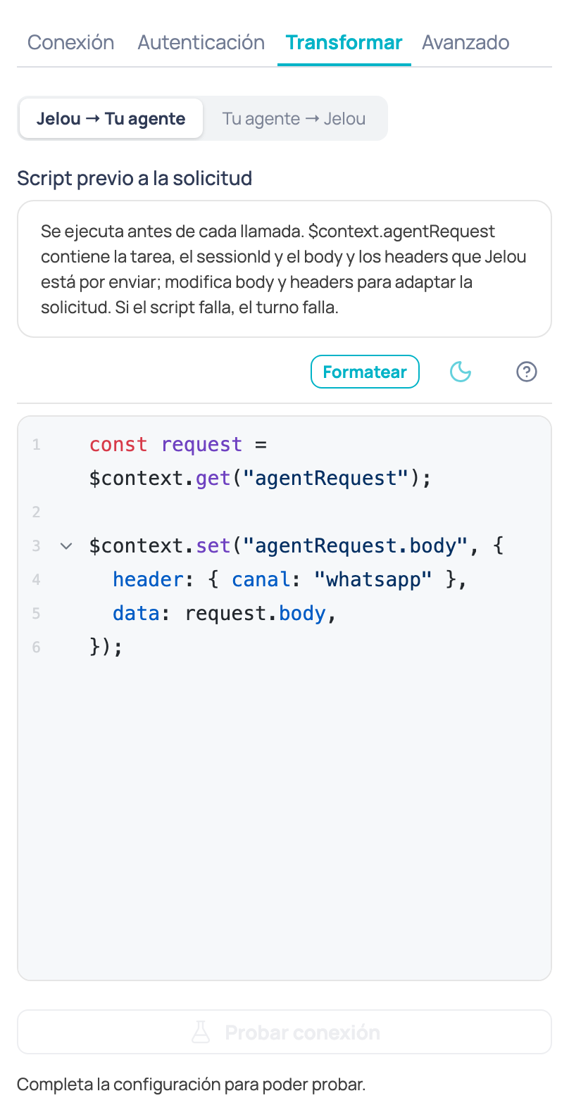 Pestaña Transformar del nodo Agente de IA externo con las subpestañas Jelou → Tu agente y Tu agente → Jelou, y el editor del script previo