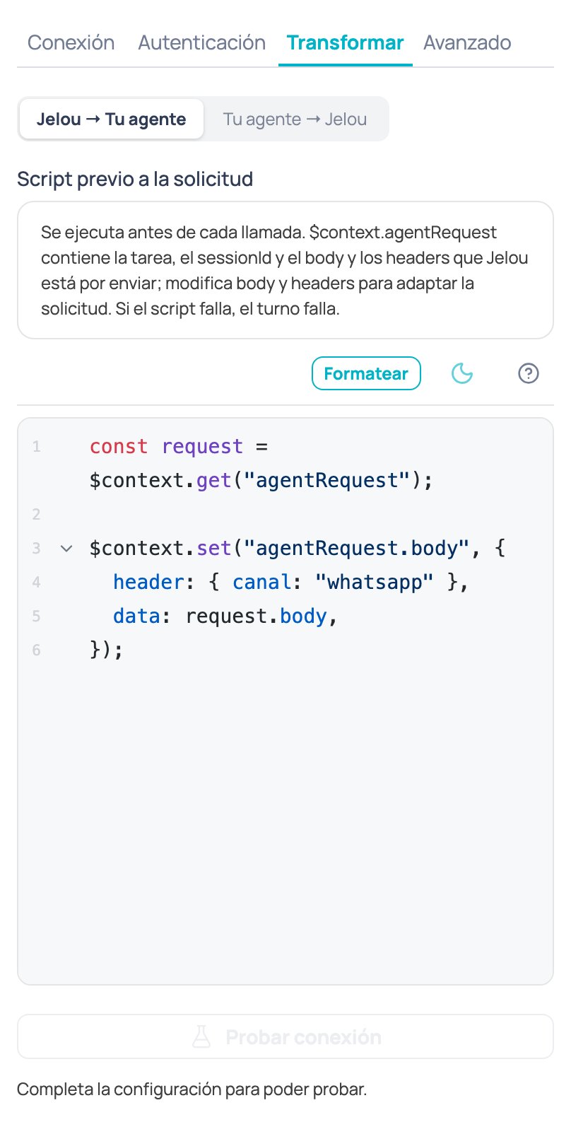 Pestaña Transformar del nodo Agente de IA externo con las subpestañas Jelou → Tu agente y Tu agente → Jelou, y el editor del script previo