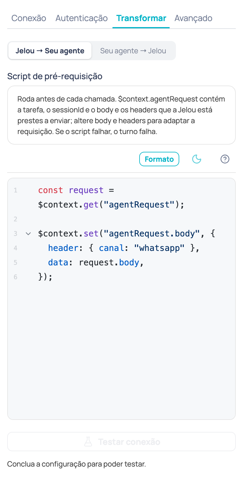 Aba Transformar do nó Agente de IA externo com as subabas Jelou → Seu agente e Seu agente → Jelou e o editor do script prévio