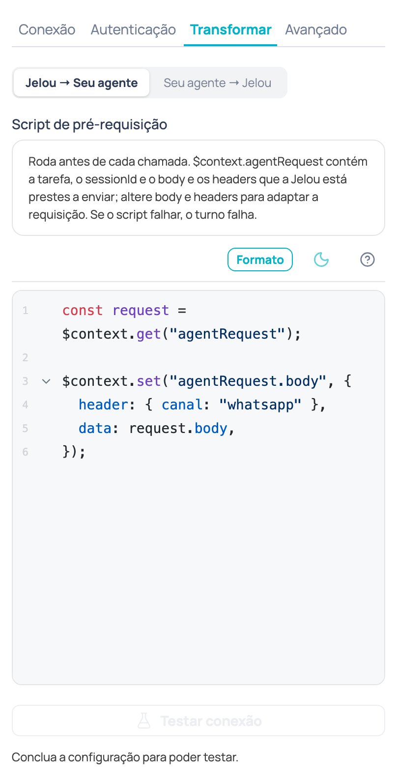 Aba Transformar do nó Agente de IA externo com as subabas Jelou → Seu agente e Seu agente → Jelou e o editor do script prévio