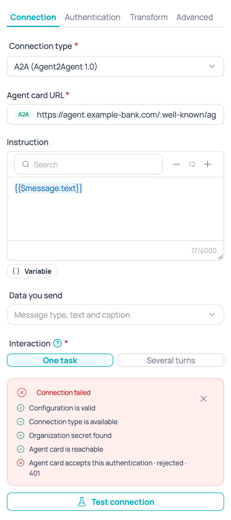 Test connection result when a check fails, with the detail of what failed and why