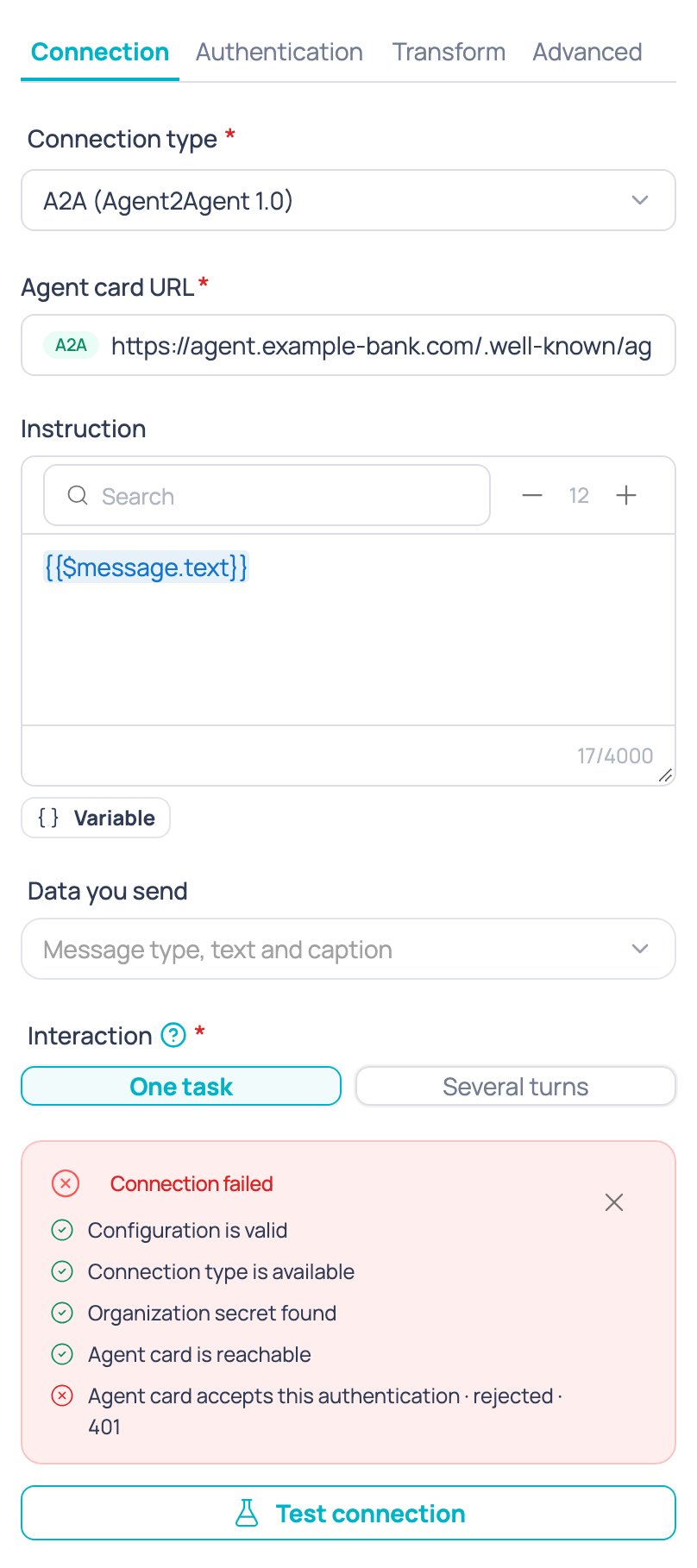 Test connection result when a check fails, with the detail of what failed and why
