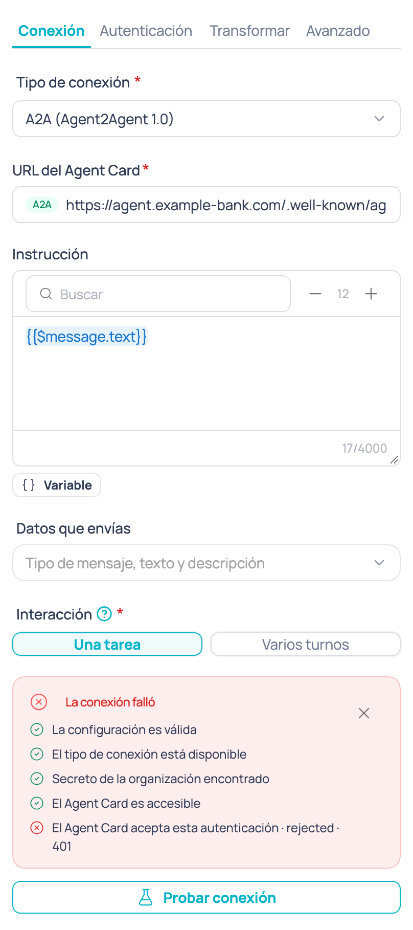 Resultado de Probar conexión cuando una verificación falla, con el detalle de qué falló y por qué