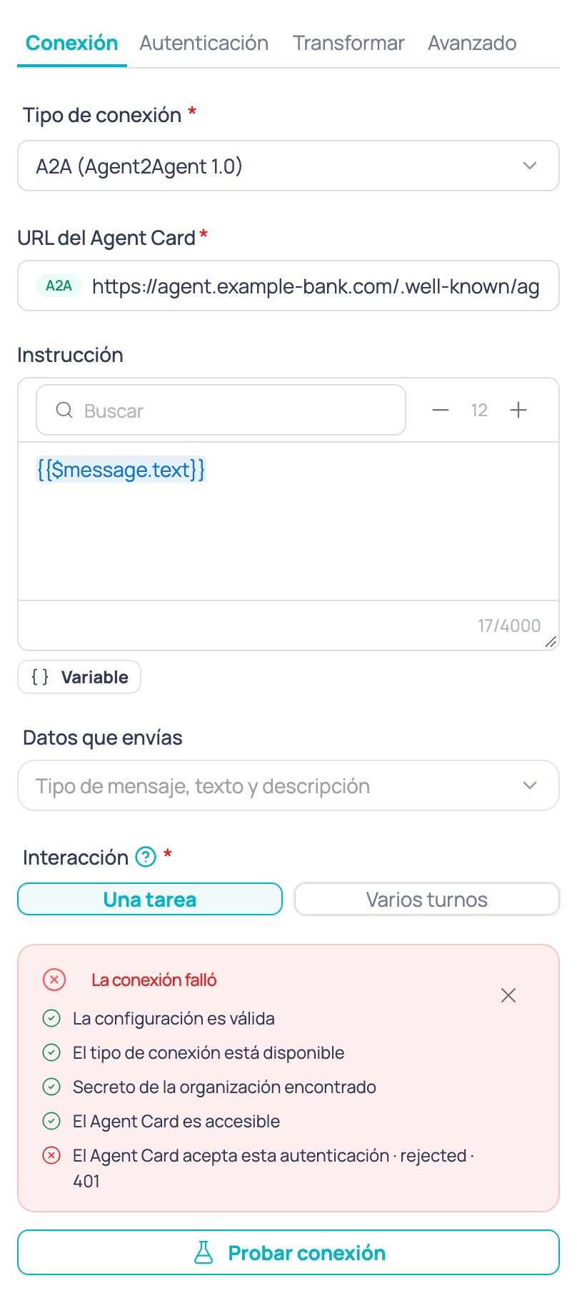 Resultado de Probar conexión cuando una verificación falla, con el detalle de qué falló y por qué