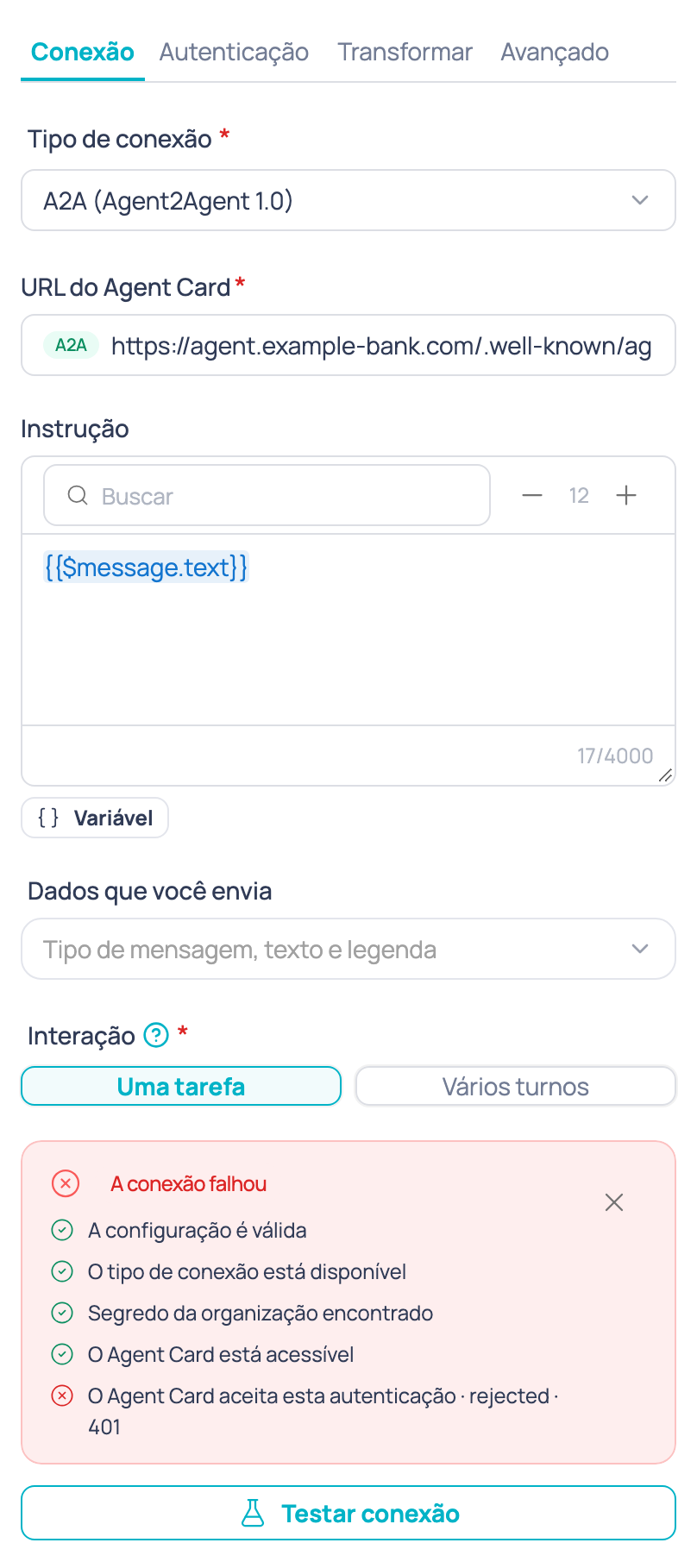 Resultado de Testar conexão quando uma verificação falha, com o detalhe do que falhou e por quê