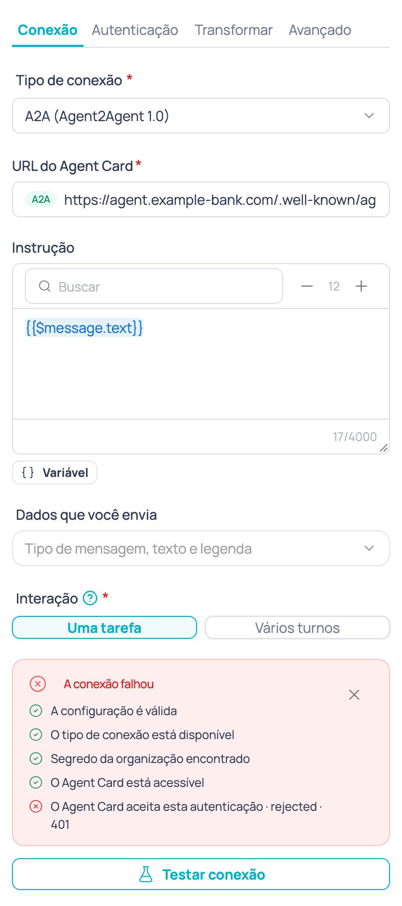 Resultado de Testar conexão quando uma verificação falha, com o detalhe do que falhou e por quê