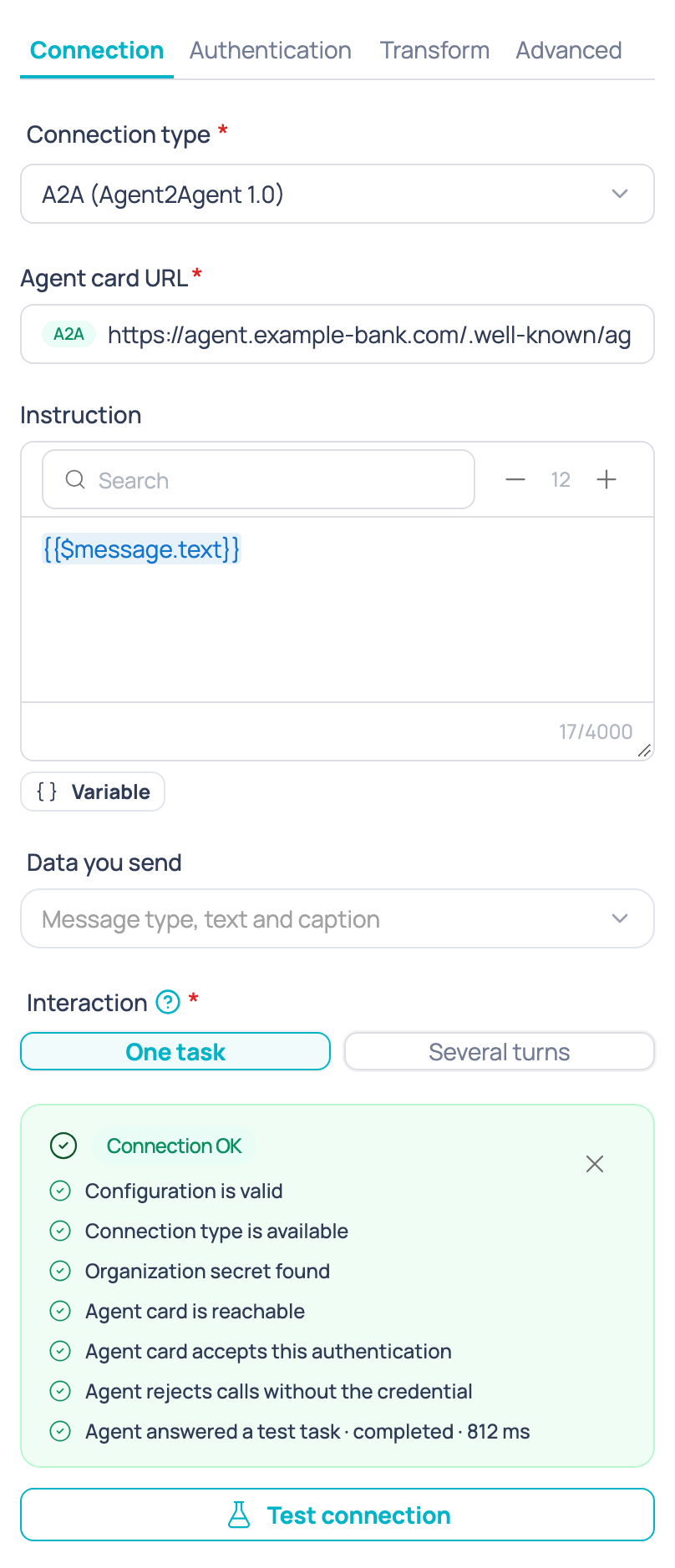 Test connection result when every check passes, with the message 'Connection OK'