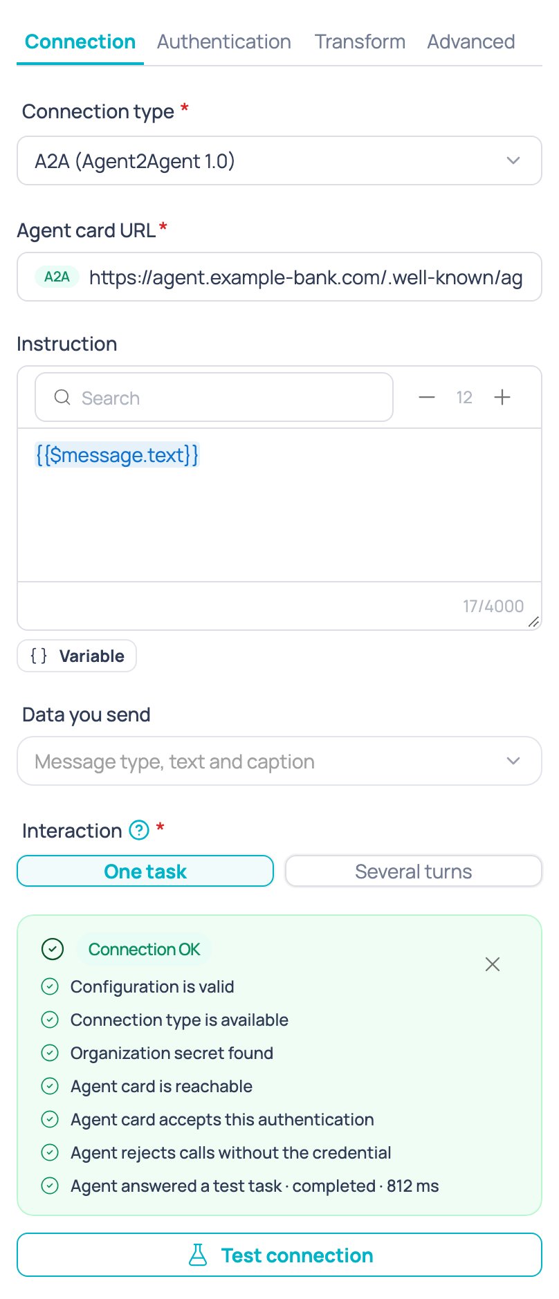 Test connection result when every check passes, with the message 'Connection OK'