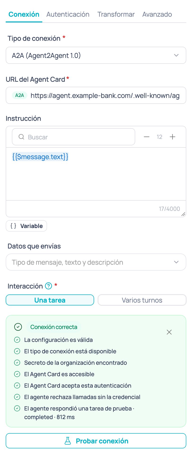 Resultado de Probar conexión cuando todas las verificaciones pasan, con el mensaje 'Conexión correcta'