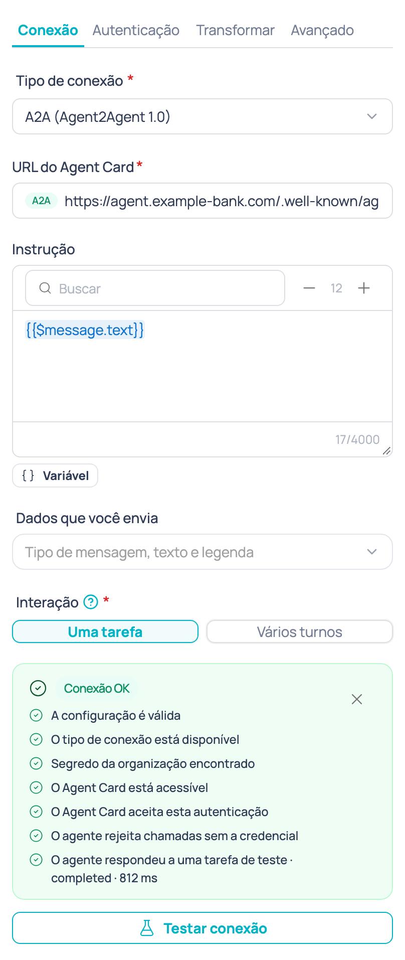 Resultado de Testar conexão quando todas as verificações passam, com a mensagem 'Conexão OK'
