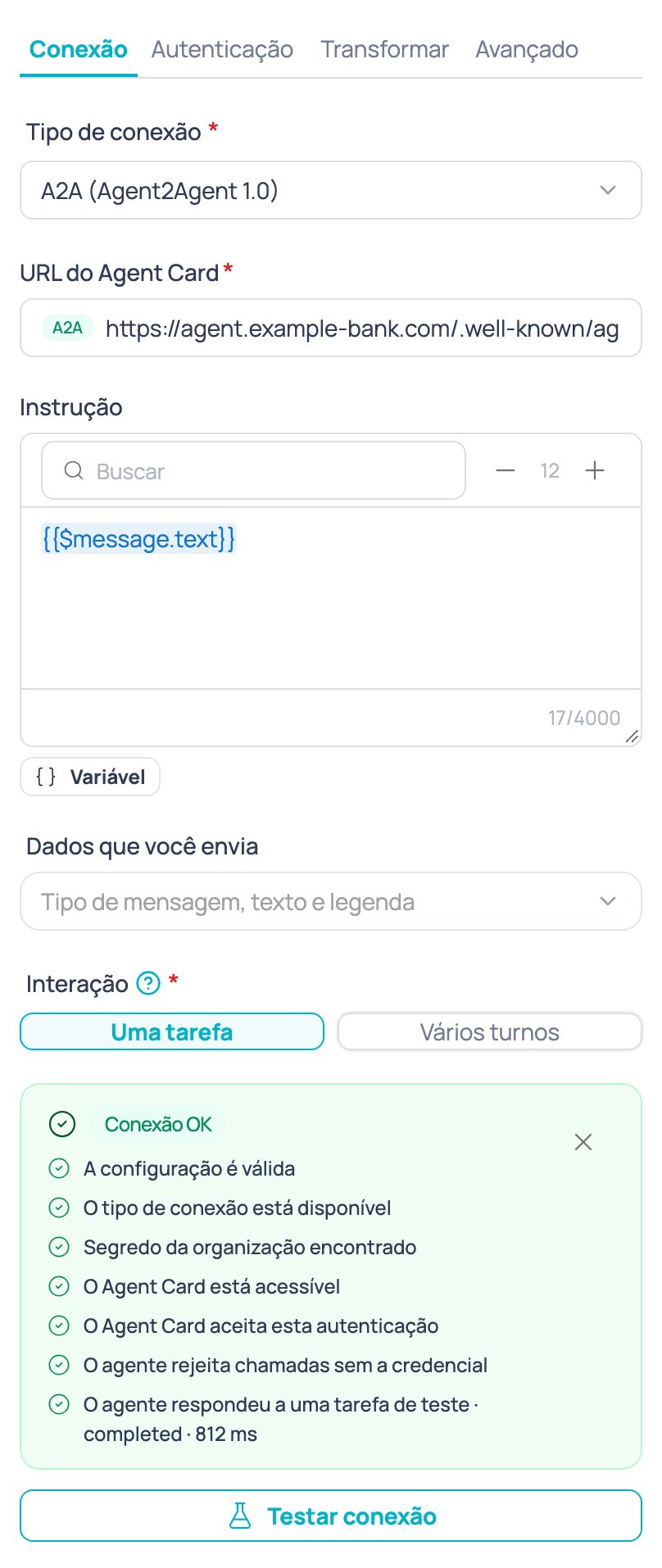 Resultado de Testar conexão quando todas as verificações passam, com a mensagem 'Conexão OK'
