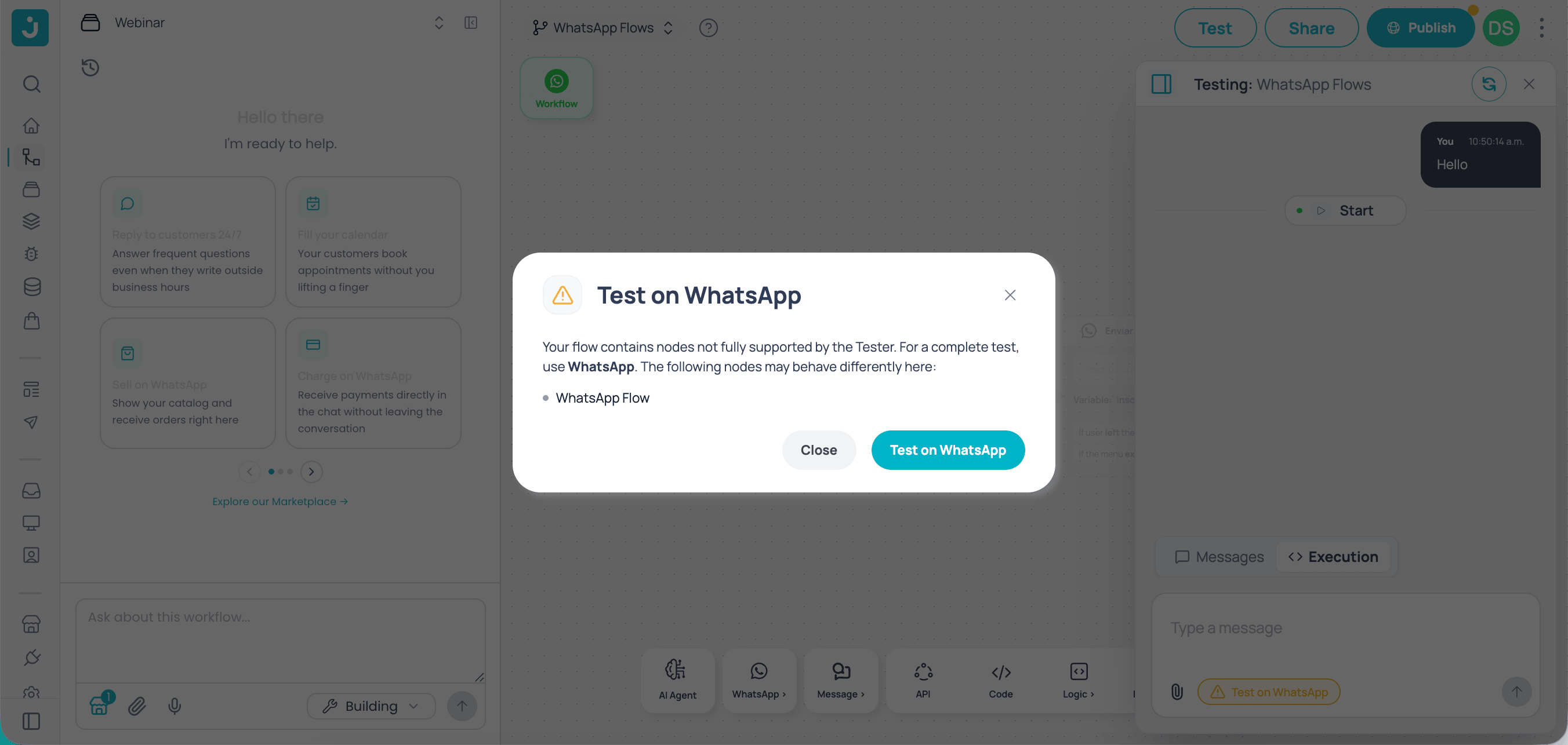 Tester warning indicating partial compatibility and suggesting testing on WhatsApp