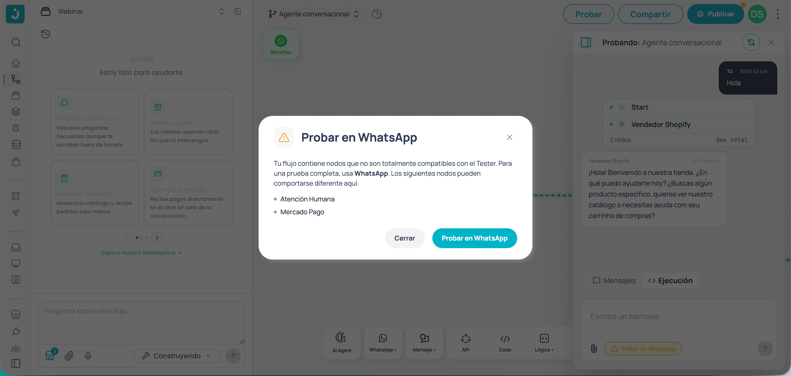 Aviso en el Tester que indica compatibilidad parcial y sugiere probar en WhatsApp
