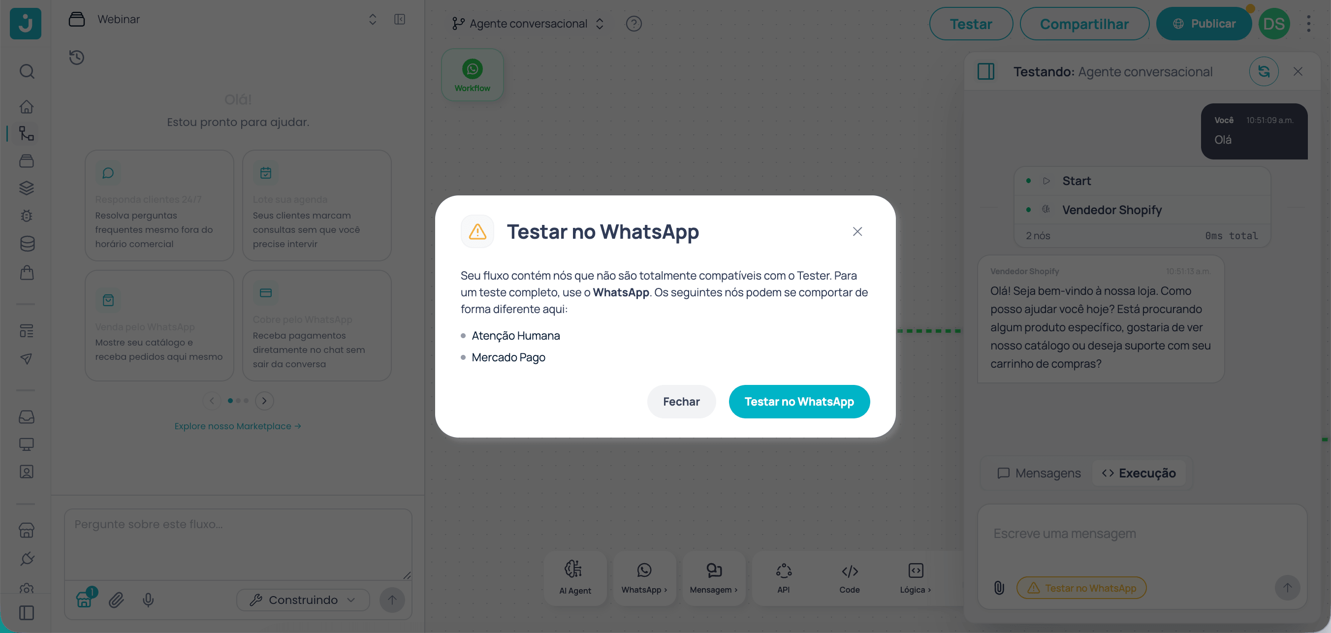 Aviso no Tester indicando compatibilidade parcial e sugerindo testar no WhatsApp