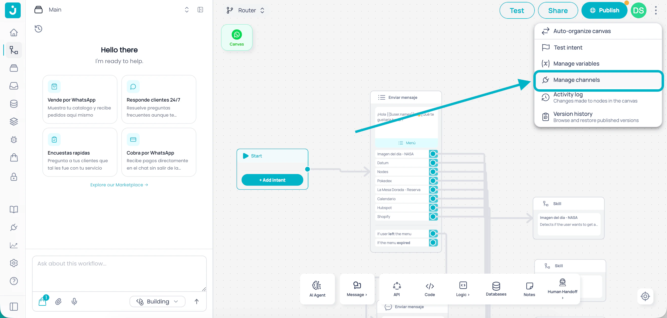 Manage channels menu in Brain Studio