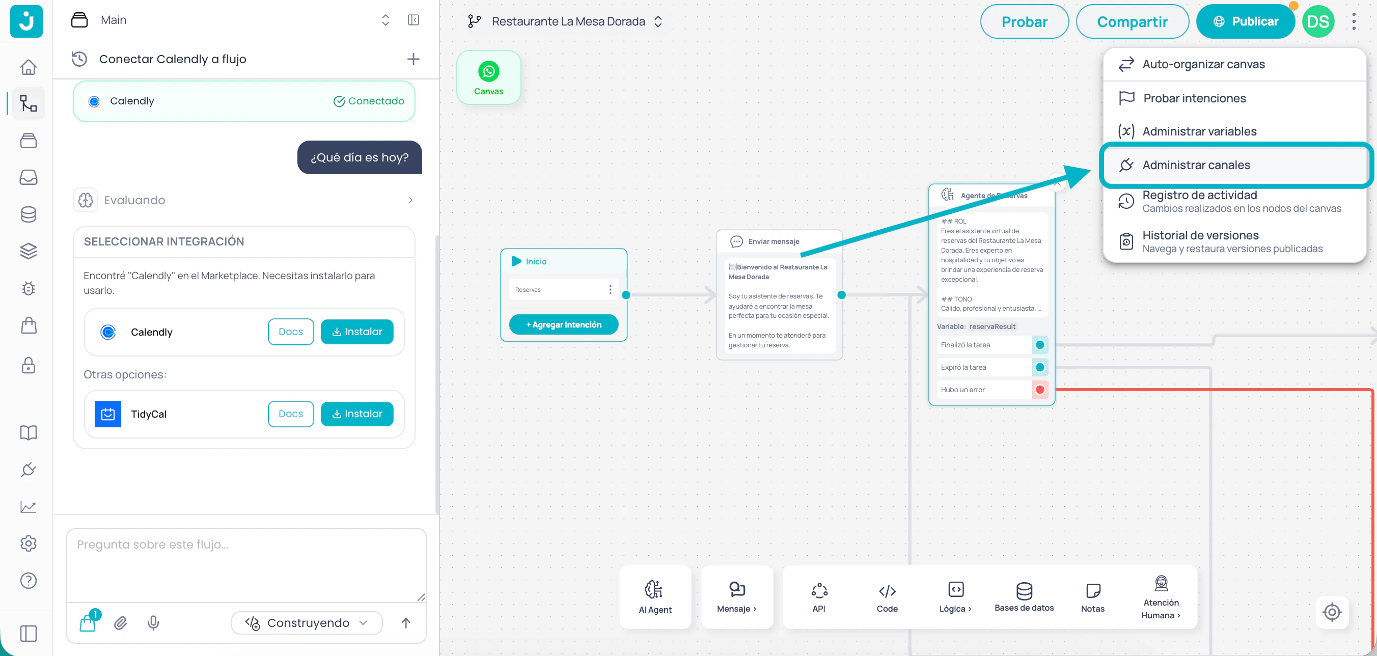 Menú Administrar canales en Brain Studio
