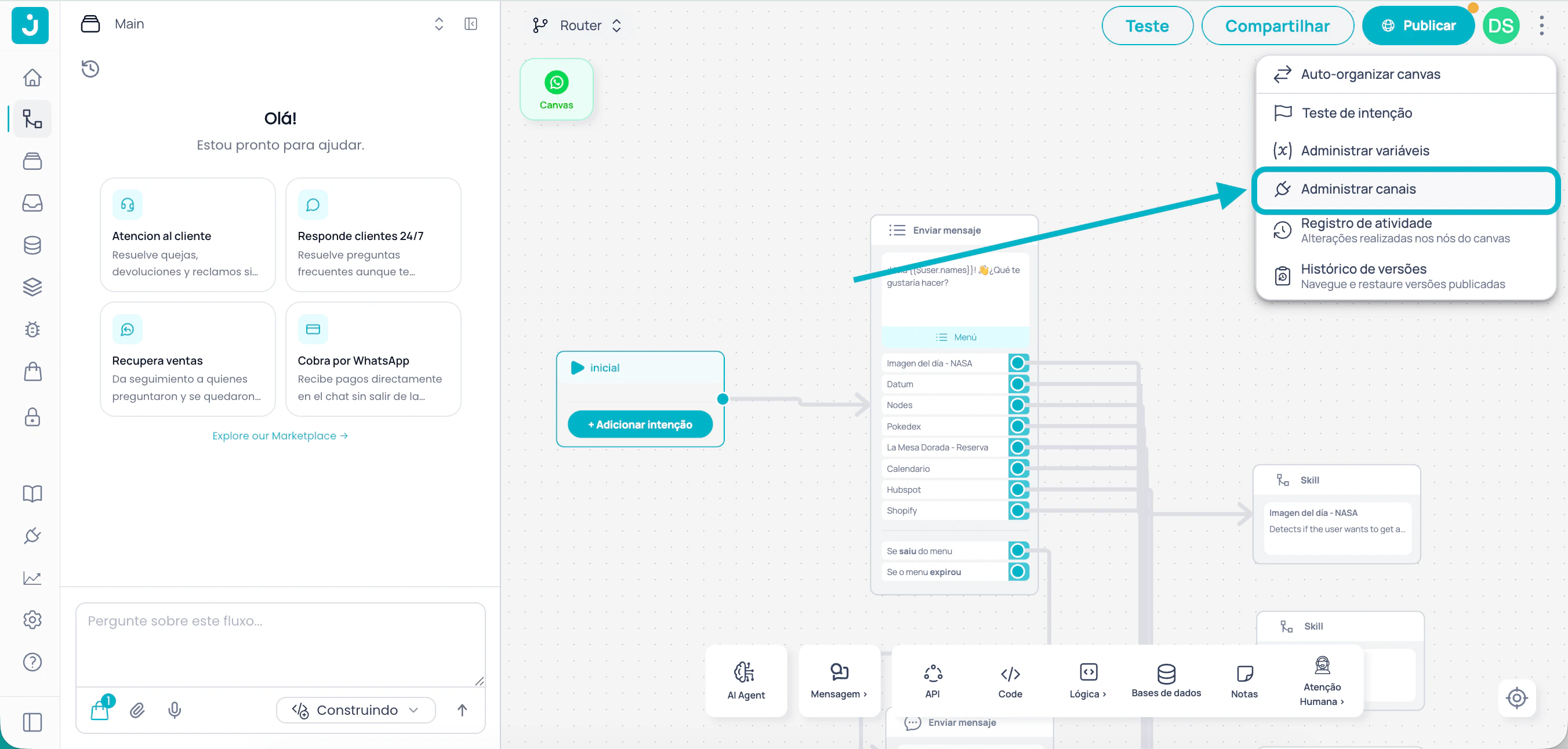 Menu Gerenciar canais no Brain Studio