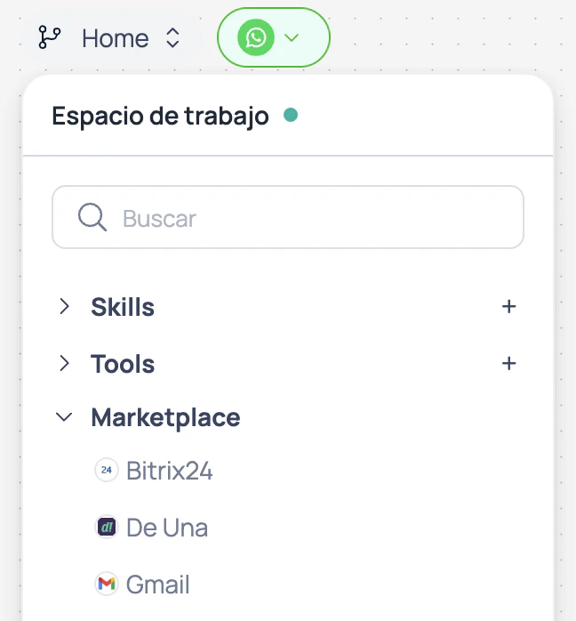 Deuna visible en la sección Marketplace del panel lateral de Brain Studio junto a otras integraciones