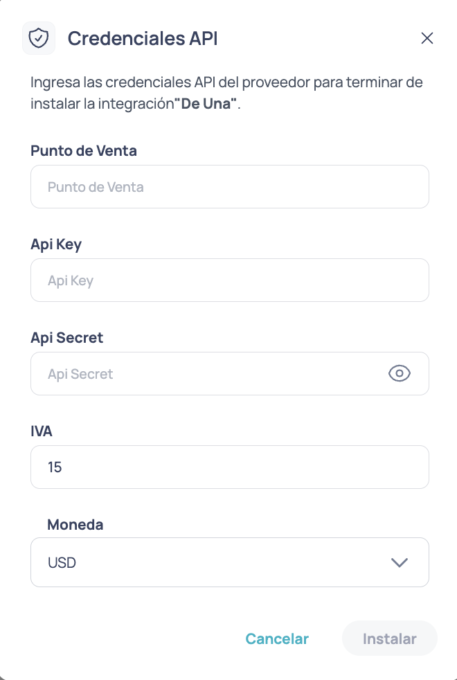 Modal Credenciales API de Deuna en Brain Studio Marketplace mostrando los campos Punto de Venta, Api Key, Api Secret, IVA y Moneda