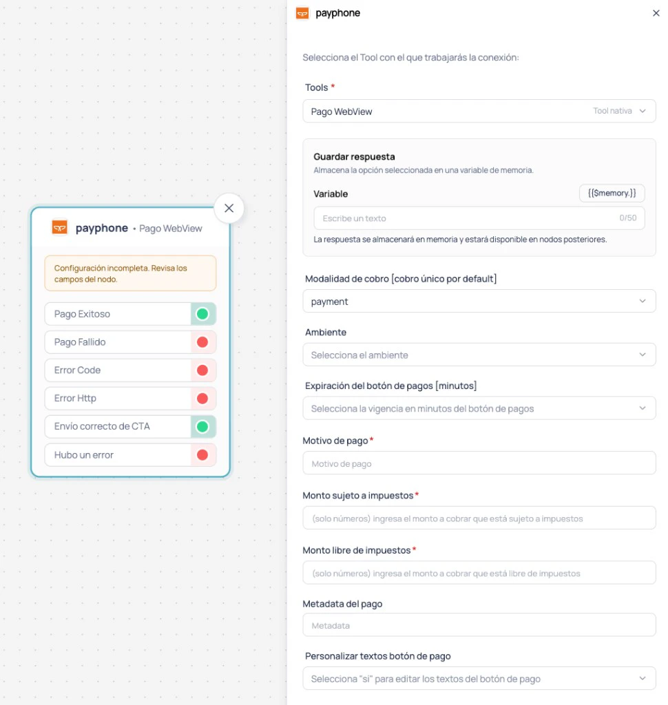 Panel lateral de configuración del nodo de Payphone mostrando todos los campos disponibles