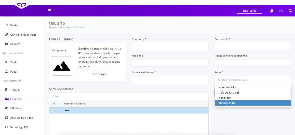 Formulario de nuevo usuario en Payphone Business con el rol Desarrollador seleccionado y la tienda asignada