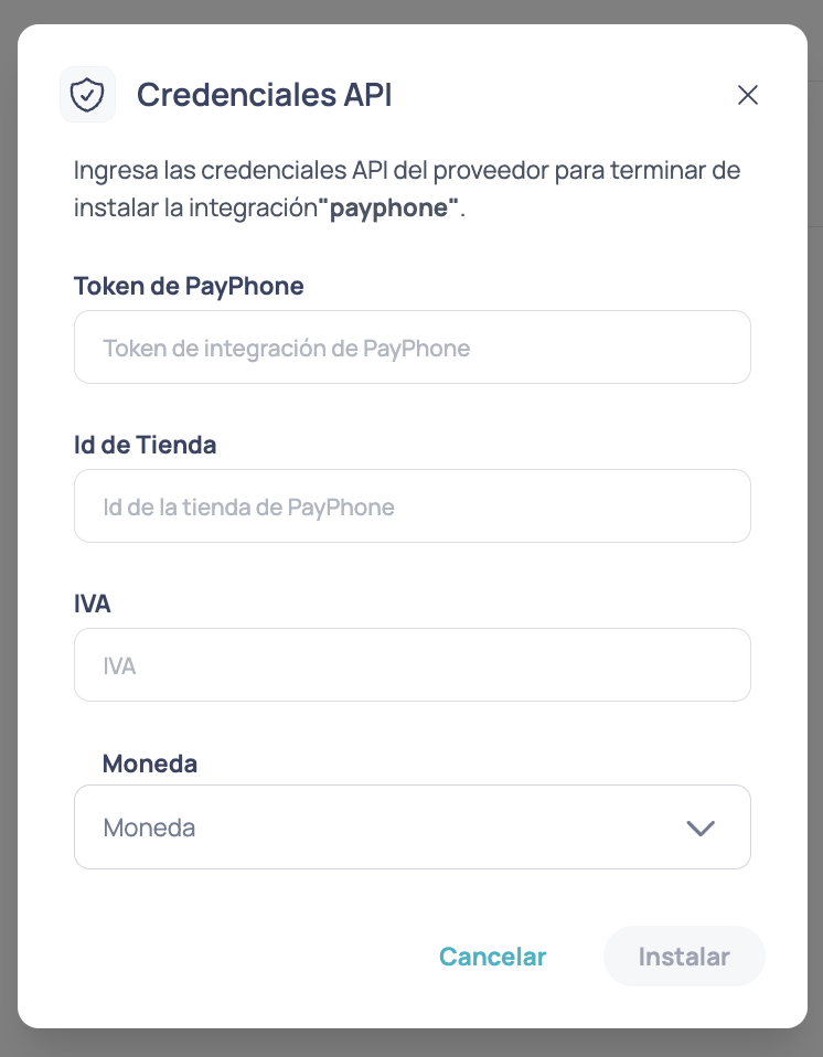Modal Credenciales API en Brain Studio Marketplace mostrando los campos Token de PayPhone, Id de Tienda, IVA y Moneda