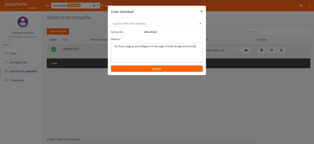 Modal Crear Solicitud en el portal Payphone Developer con campos de RUC y Motivos