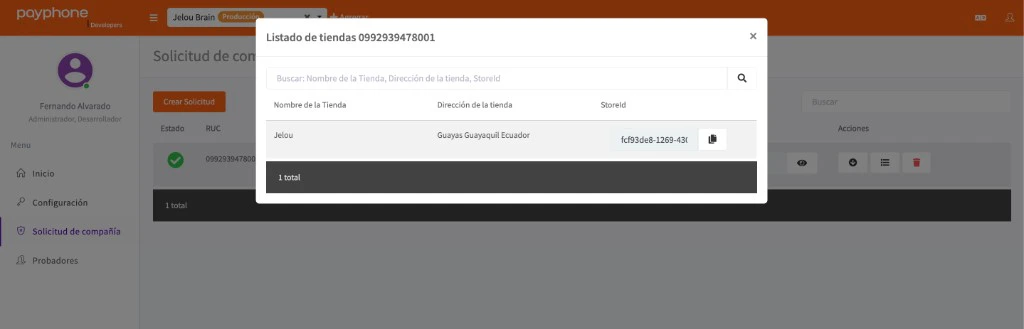 Modal de listado de tiendas en Payphone Developer mostrando la columna StoreId