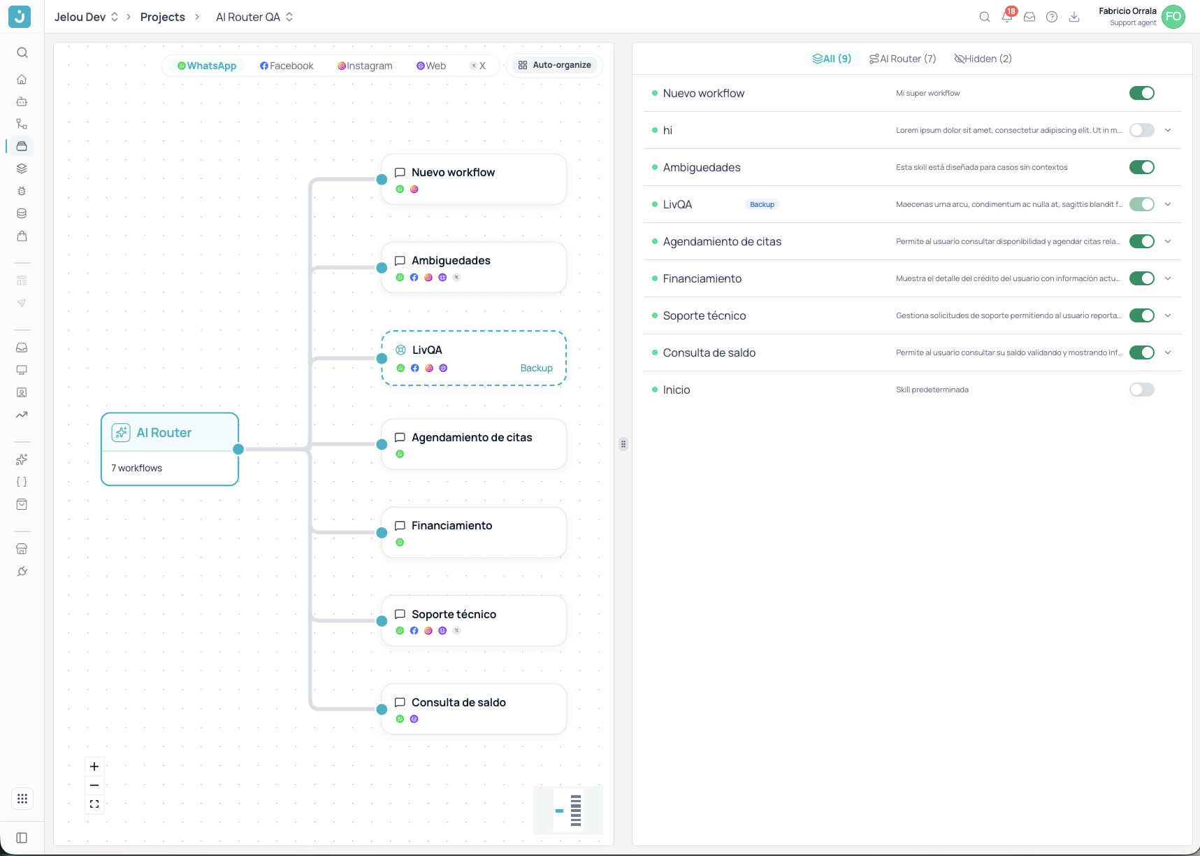 Manage workflows view with the Project map on the left and the workflow list on the right