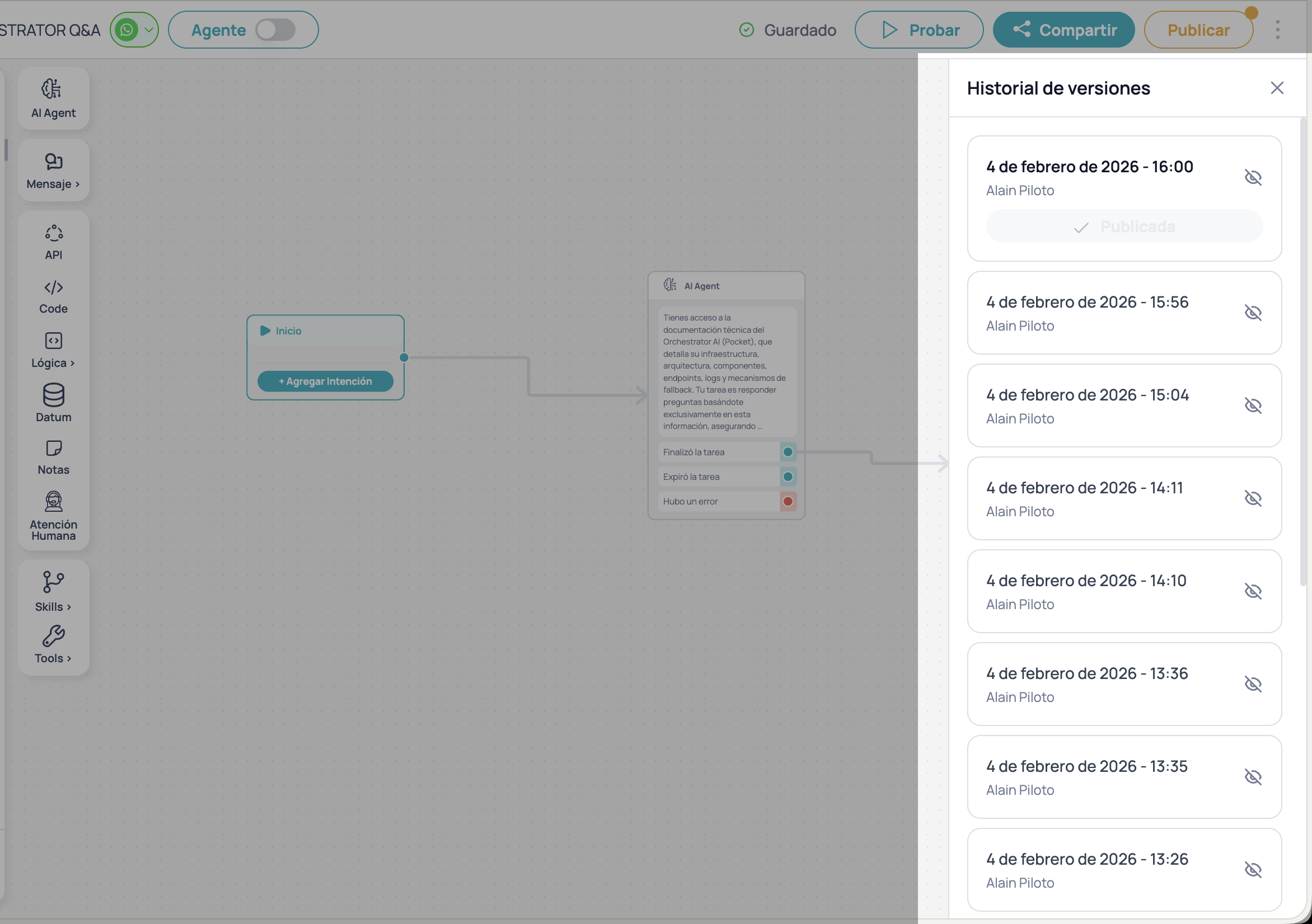 Lista de versiones con fecha, autor y estado en Brain