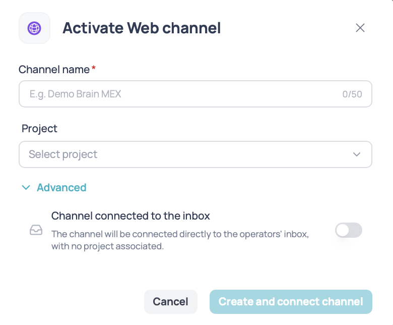 Activate Web channel window with the channel name, the project selector, and the Advanced section