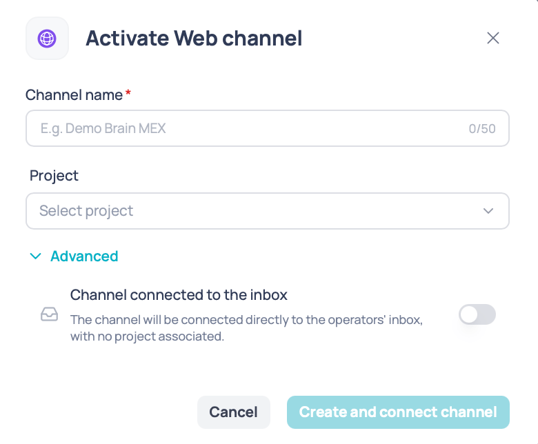 Activate Web channel window with the channel name, the project selector, and the Advanced section