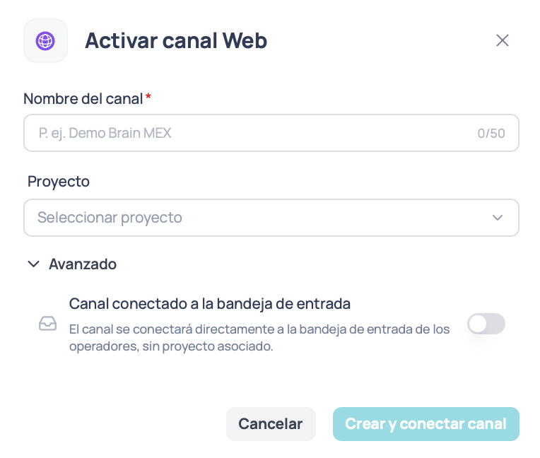 Ventana Activar canal Web con el nombre del canal, el selector de proyecto y la sección Avanzado