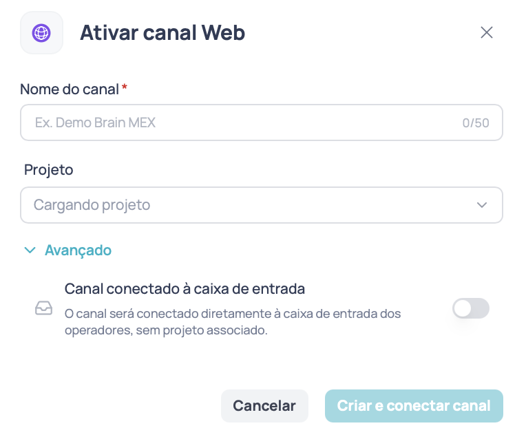 Janela Ativar canal Web com o nome do canal, o seletor de projeto e a seção Avançado