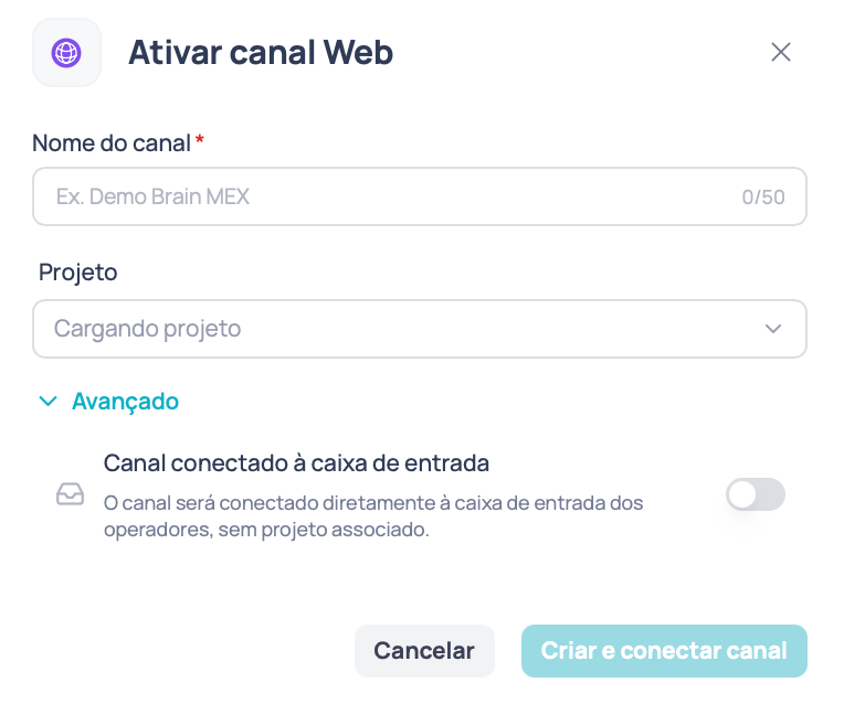 Janela Ativar canal Web com o nome do canal, o seletor de projeto e a seção Avançado