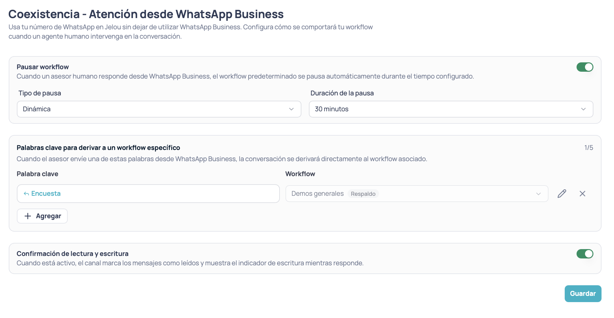 Pantalla de Coexistencia en Configuraciones, con el selector de canal, el bloque Pausar workflow, las palabras clave y el interruptor de confirmación de lectura y escritura