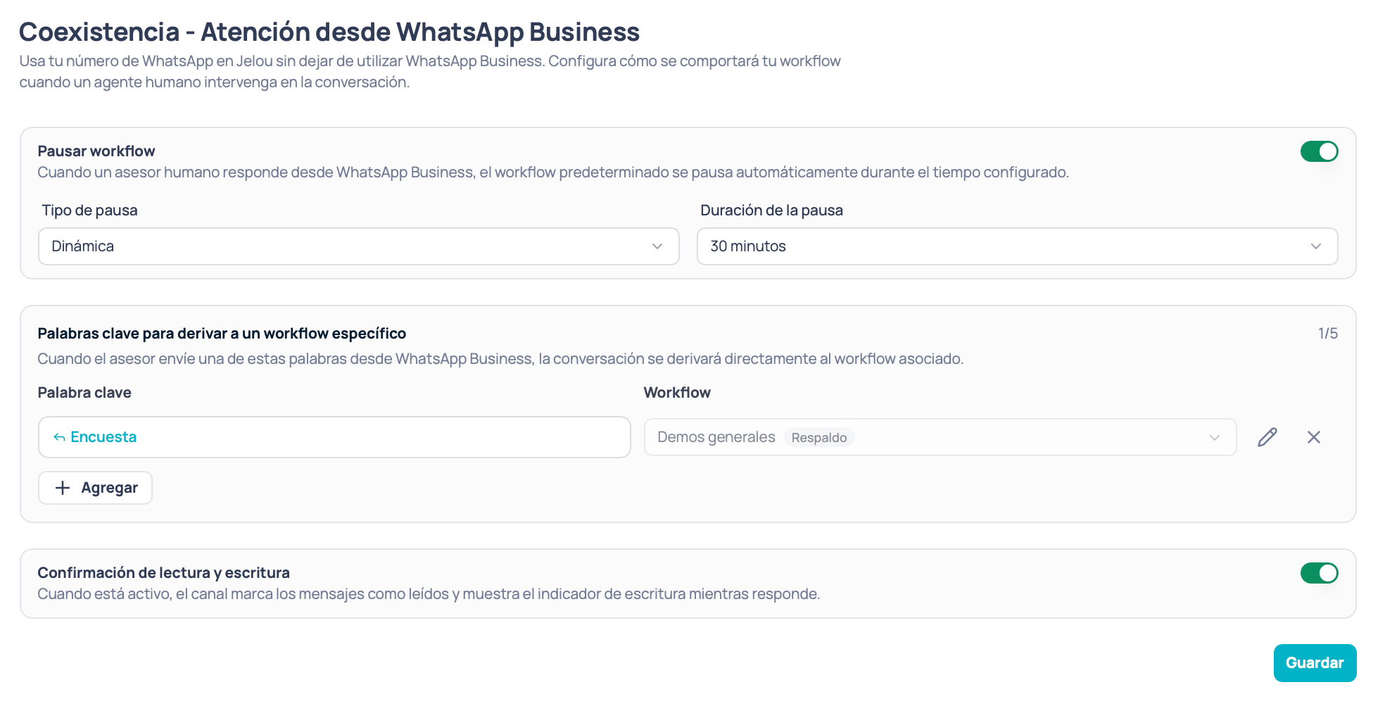 Pantalla de Coexistencia en Configuraciones, con el selector de canal, el bloque Pausar workflow, las palabras clave y el interruptor de confirmación de lectura y escritura