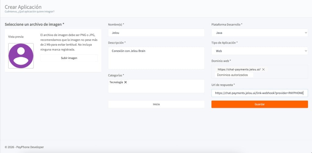 Formulario Crear Aplicación en el portal Payphone Developer con Tipo Web, dominio chat-payments.jelou.ai y URL de respuesta configurados