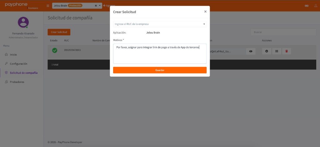 Modal Crear Solicitud en el portal Payphone Developer con campos de RUC y Motivos