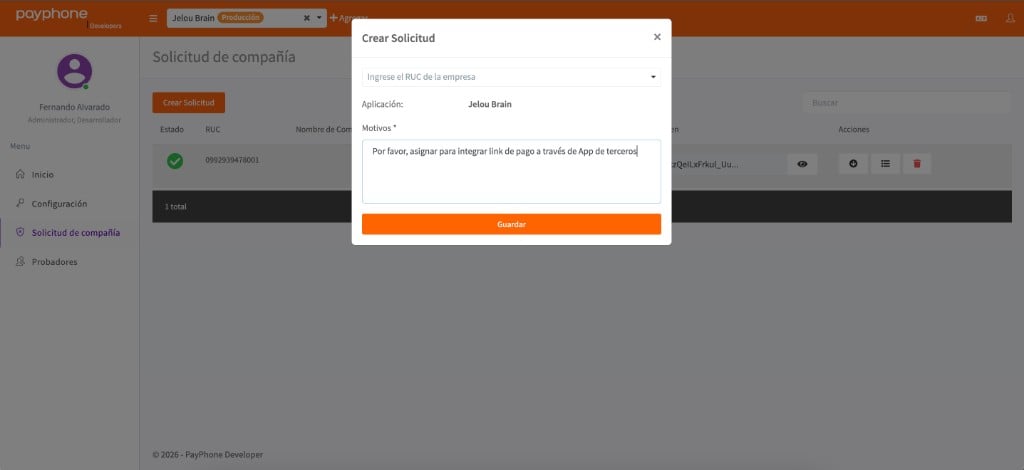 Modal Crear Solicitud en el portal Payphone Developer con campos de RUC y Motivos
