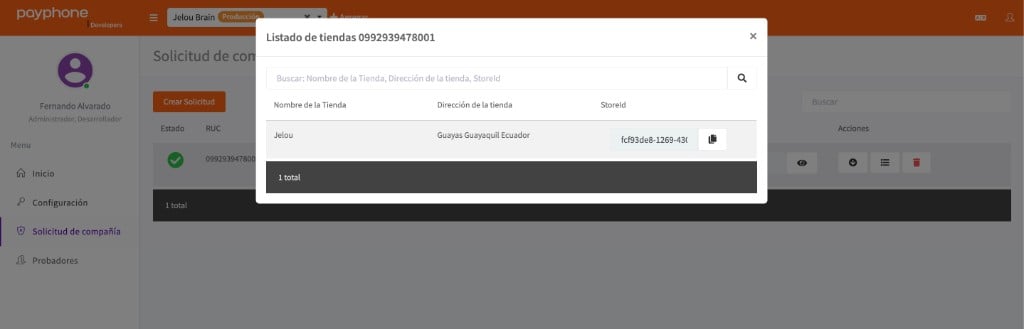 Modal de listado de tiendas en Payphone Developer mostrando la columna StoreId