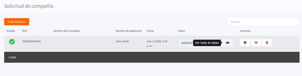 Tabla de solicitudes de compañía en Payphone Developer mostrando estado aprobado y el botón Ver todo el token