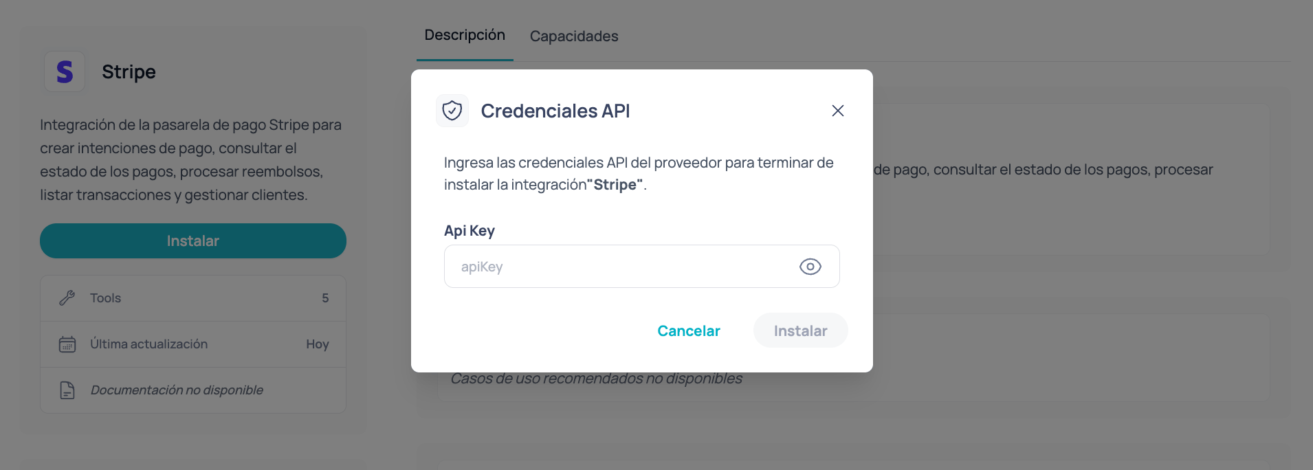 Brain Studio modal requesting API Key to install Stripe