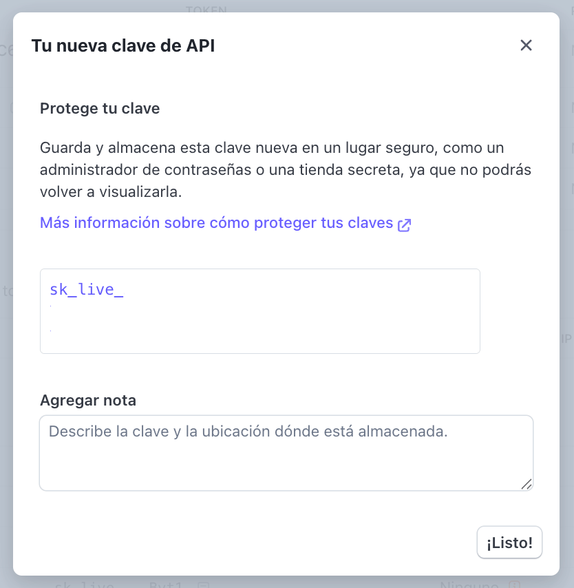 Confirmation of secret key created in Stripe