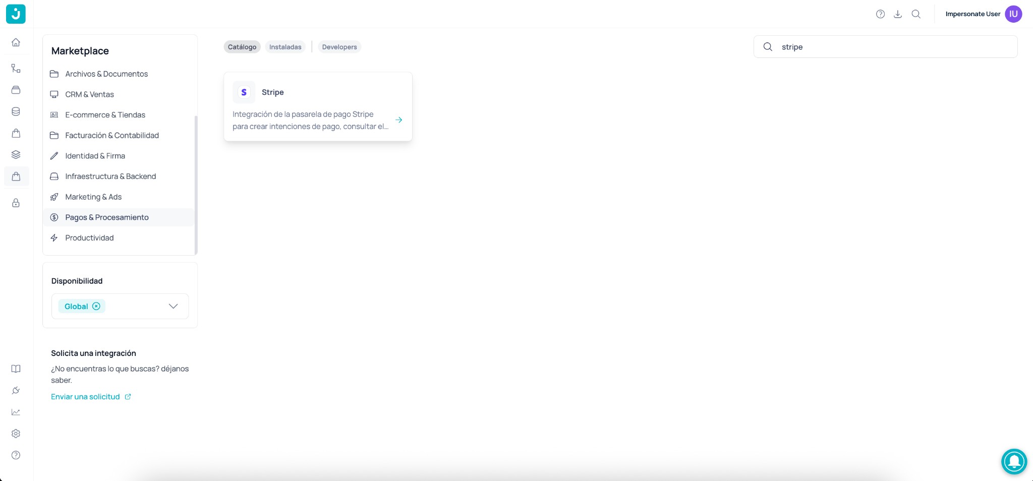Stripe in the Marketplace integrations catalog