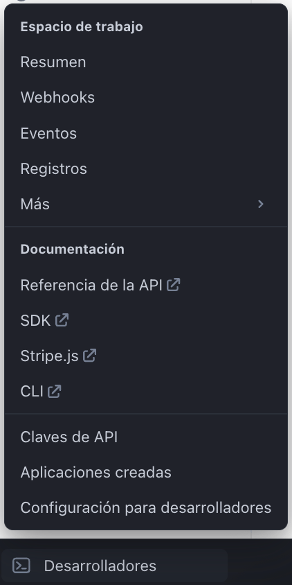 Side menu with direct access to Developers and API Keys