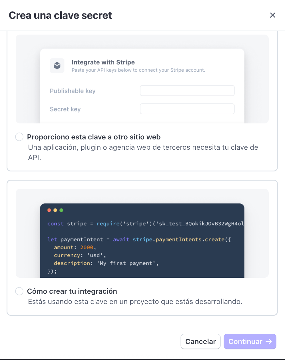 Stripe modal for creating a secret key with options